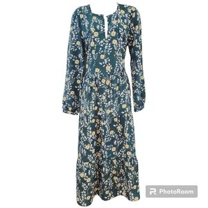 Vila Floral Maxi Dress Womens SizeEU 42 Tiered Long Sleeve Green Yellow Prairie